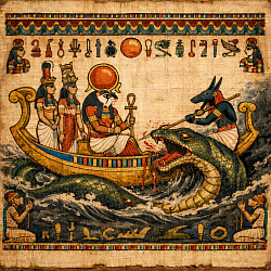 Papyrus, sur la Barque Sacrée Dieu Rê et Dieu Seth Repousse Apophis dans le Néant